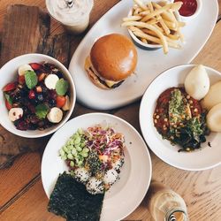 High angle view of breakfast served on table