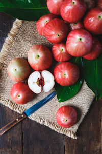 High angle view of strawberries on table