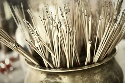 Close-up of incense sticks in container