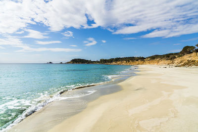 Porto da ruxi and its turquoise water and white sand, a beautiful beach of solanas coast, sardinia