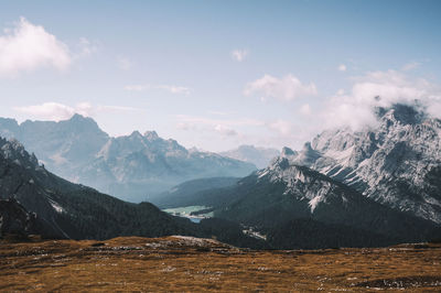 Scenic view of snowcapped mountains against sky