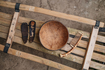 High angle view of objects on table