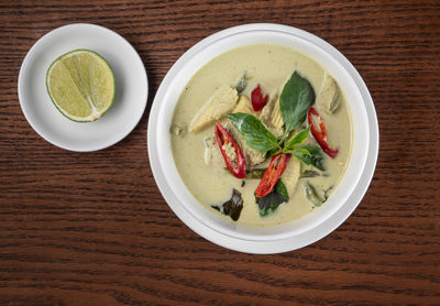 High angle view of meal served on table