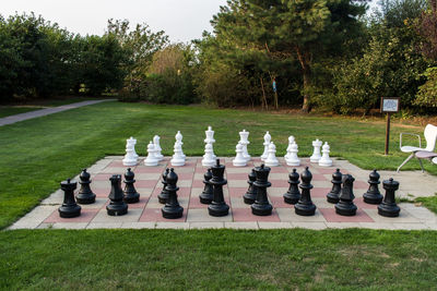 Row of chess against trees in park