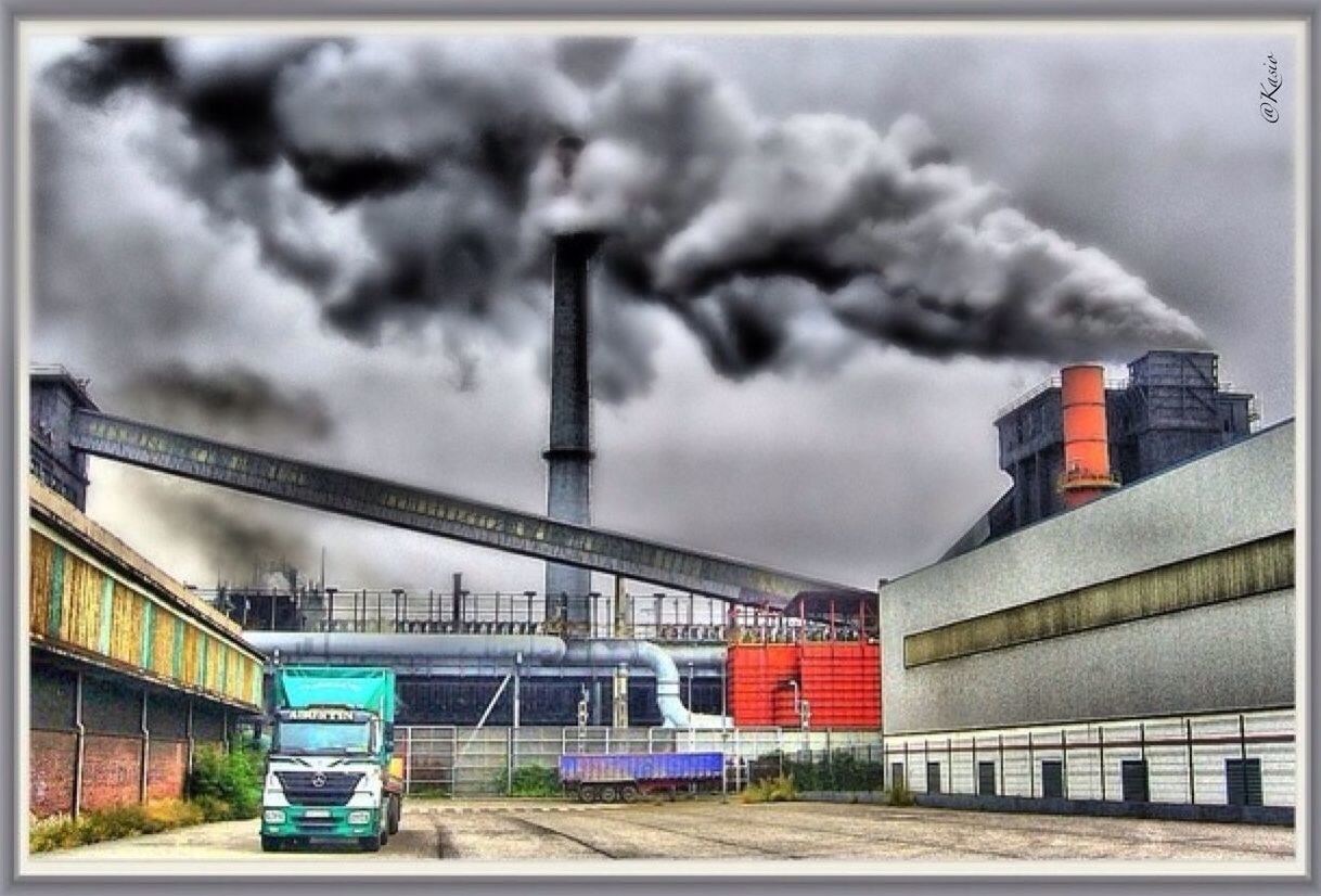 sky, building exterior, cloud - sky, built structure, architecture, weather, industry, cloudy, factory, transportation, auto post production filter, transfer print, smoke - physical structure, day, outdoors, mode of transport, overcast, cloud, no people, land vehicle