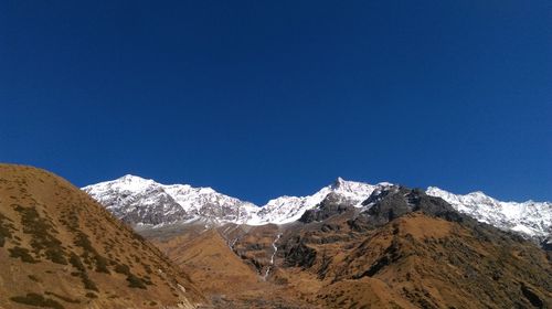 Scenic view of snowcapped mountains against clear blue sky