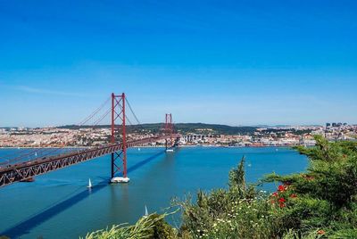 View of suspension bridge in city