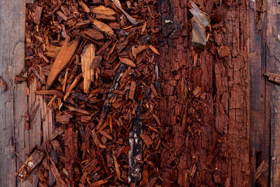 High angle view of chopped stack on wood