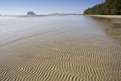 Surface level of sandy beach against clear sky