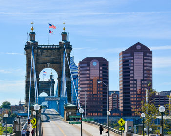 Flag in city against sky