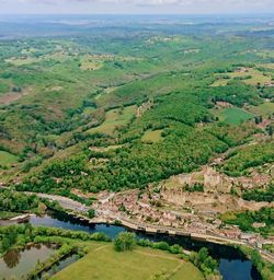 High angle view of river amidst landscape against  dordogne sky