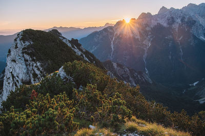 Scenic view of mountains against sky during sunset