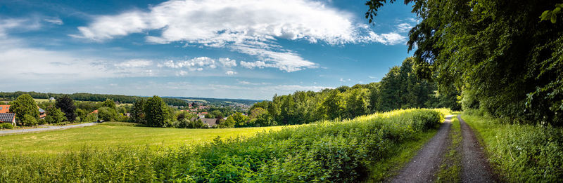 Scenic view of green landscape against sky