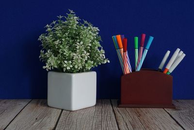 High angle view of objects on table