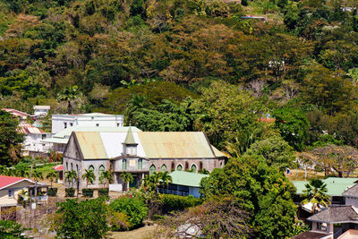 High angle view of trees and buildings in town