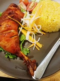 High angle view of food in plate on table