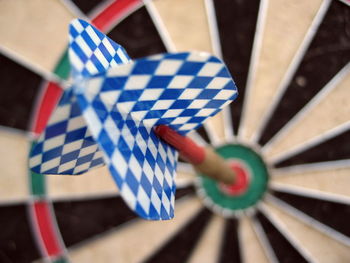 Close-up of flags against blue wall