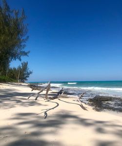 Scenic view of sea against clear blue sky