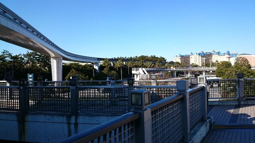 Low angle view of bridge against clear blue sky