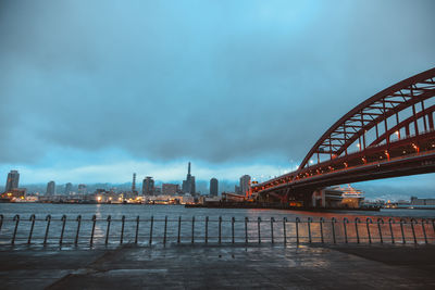 Bridge over river with buildings in background