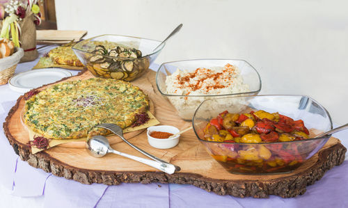 High angle view of breakfast on table