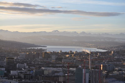 High angle view of townscape against sky during sunset