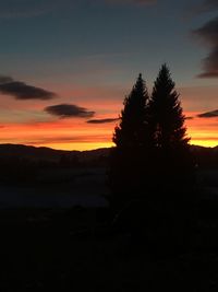 Silhouette trees on landscape against sky during sunset