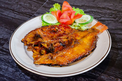 High angle view of food in plate on table