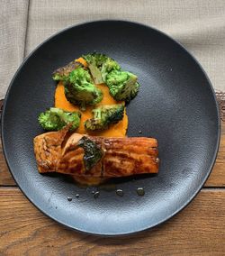 High angle view of food in plate on table salmon masterchef food