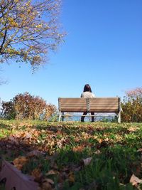 Rear view of woman sitting on bench at park against clear sky