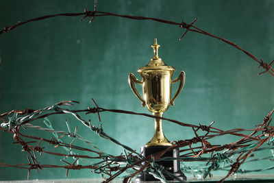Close-up of barbed wire and trophy on table