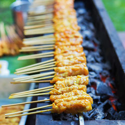 Close-up of meat on barbecue grill