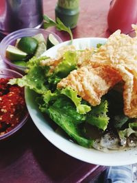 Close-up of served food on table