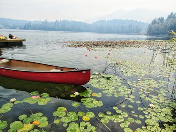 Boat moored in lake