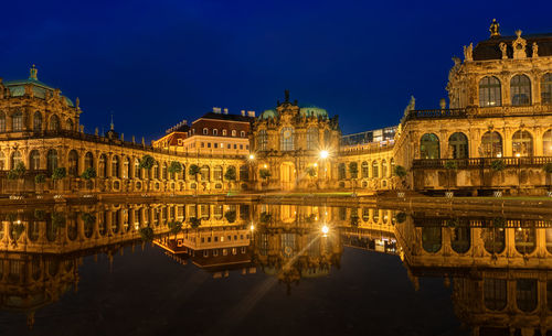 Reflection of illuminated buildings in water at night