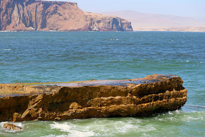 Coastline on pacific ocean at the paracas national reserve, where the desert meets the ocean, peru
