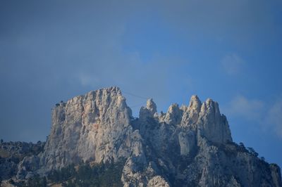 Low angle view of rocky mountains against sky