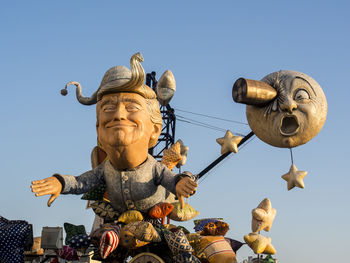 Low angle view of statue against clear blue sky