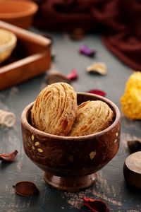 High angle view of dessert in bowl on table