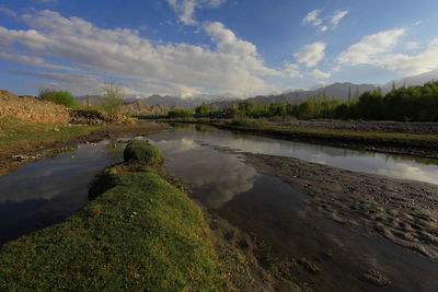 Scenic view of lake against cloudy sky