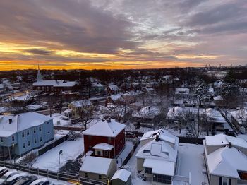 High angle view of townscape against sky during winter