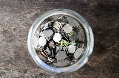 Directly above shot of coins in container