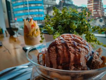 Close-up of ice cream in plate on table