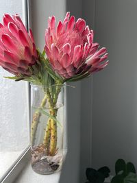 Close-up of pink tulips in vase on table