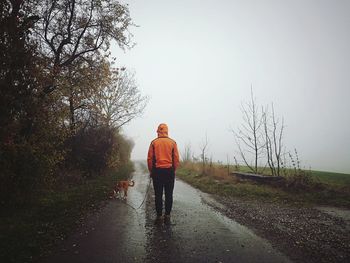 Rear view of man walking on road