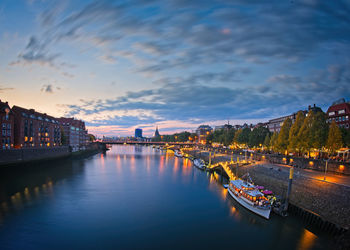 Panoramic view of river and buildings against sky at sunset