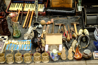 High angle view of various objects for sale in store