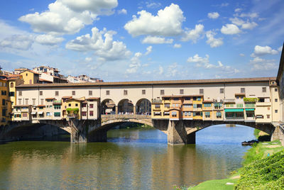 Arch bridge over river by buildings against sky