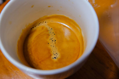 High angle view of coffee cup on table