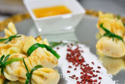 Close-up of food served on table